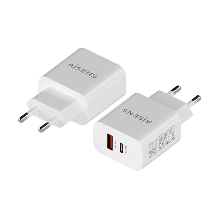 AISENS 20W Charger, 1xUSB-C PD3.0, 1xUSB-A QC3.0, White