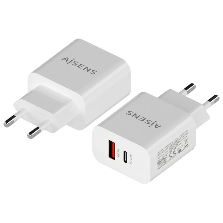 AISENS 20W Charger, 1xUSB-C PD3.0, 1xUSB-A QC3.0, White