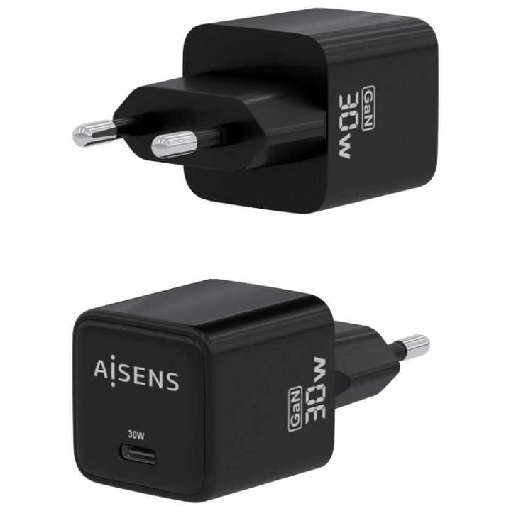 AISENS Carregador GaN 30W, 1xUSB-C PD3.0 QD4.0, Preto