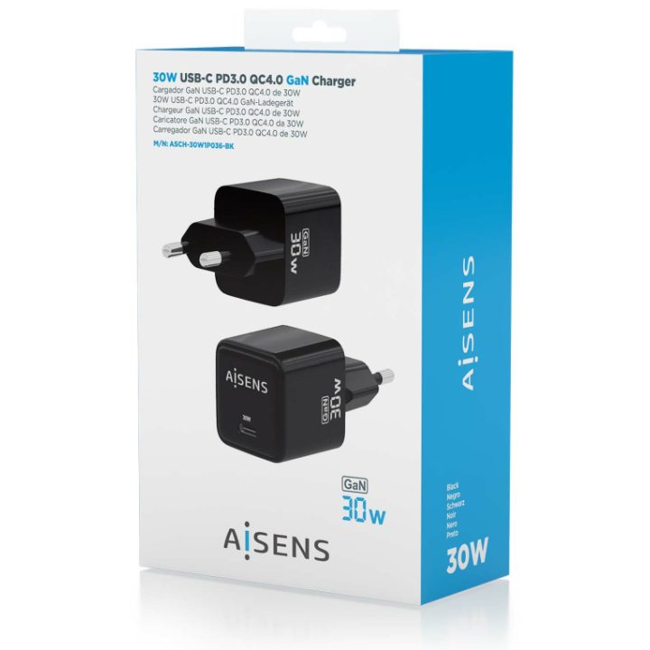 AISENS Cargador Gan 30W, 1xUSB-C PD3.0 QD4.0, Negro