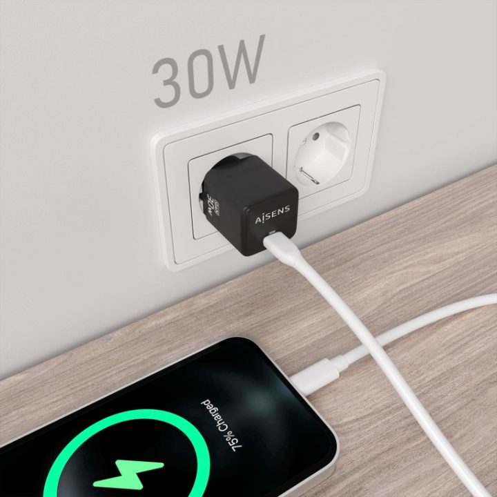 AISENS Carregador GaN 30W, 1xUSB-C PD3.0 QD4.0, Preto