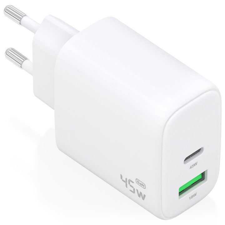 AISENS Carregador GaN 45W, 1xUSB-C PD3.0 QC4.0, 1xUSB-A QC3.0, Branco