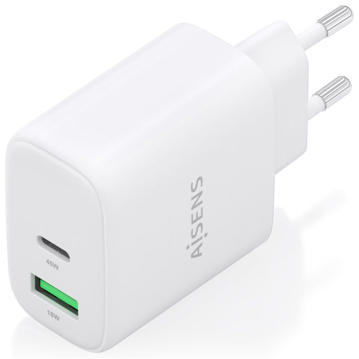 AISENS Carregador GaN 45W, 1xUSB-C PD3.0 QC4.0, 1xUSB-A QC3.0, Branco