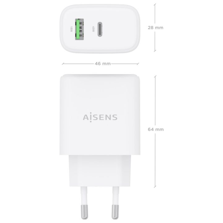 AISENS Carregador GaN 45W, 1xUSB-C PD3.0 QC4.0, 1xUSB-A QC3.0, Branco