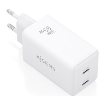 AISENS Cargador GaN 65W, 2xUSB-C PD3.0 QC4.0, Blanco
