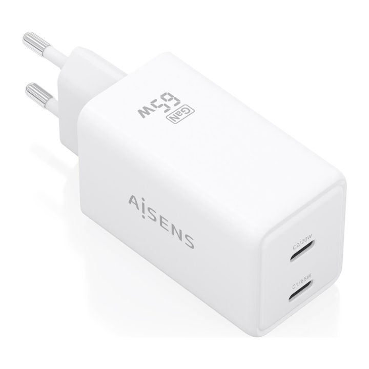 AISENS GaN 65W Charger, 2xUSB-C PD3.0 QC4.0, White