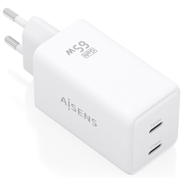 AISENS GaN 65W Charger, 2xUSB-C PD3.0 QC4.0, White