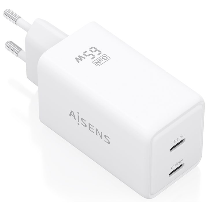 AISENS Carregador GaN 65W, 2xUSB-C PD3.0 QC4.0, Branco