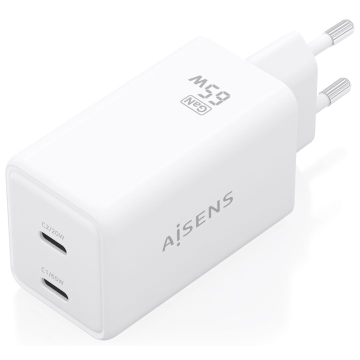 AISENS Cargador GaN 65W, 2xUSB-C PD3.0 QC4.0, Blanco