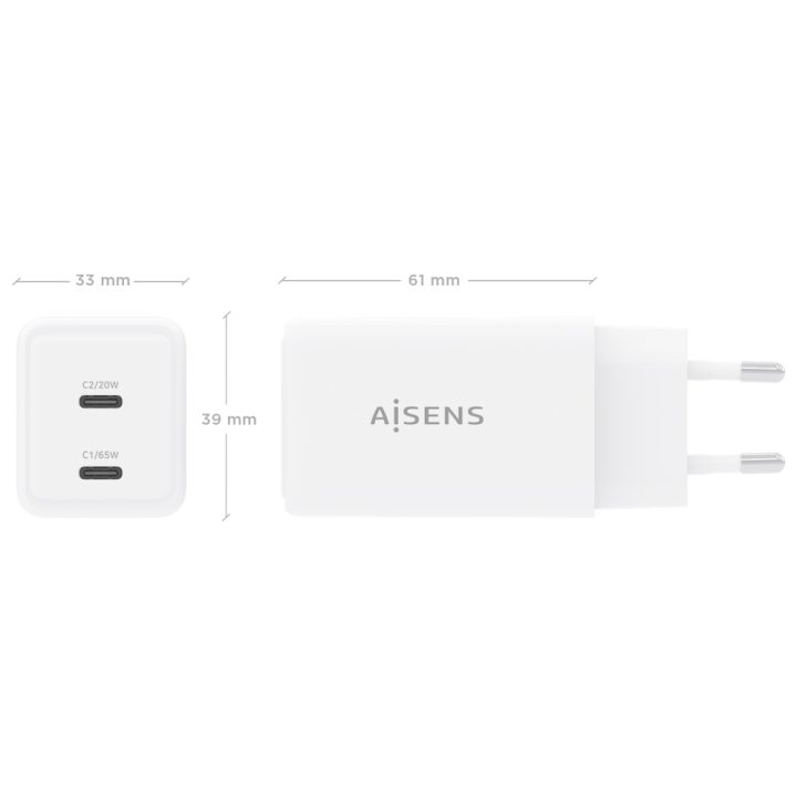 AISENS GaN 65W Charger, 2xUSB-C PD3.0 QC4.0, White