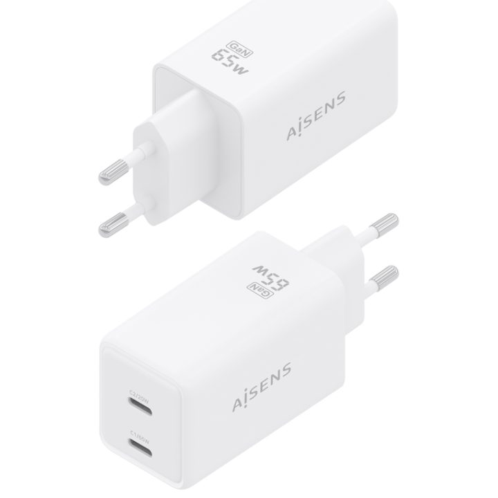 AISENS GaN 65W Charger, 2xUSB-C PD3.0 QC4.0, White