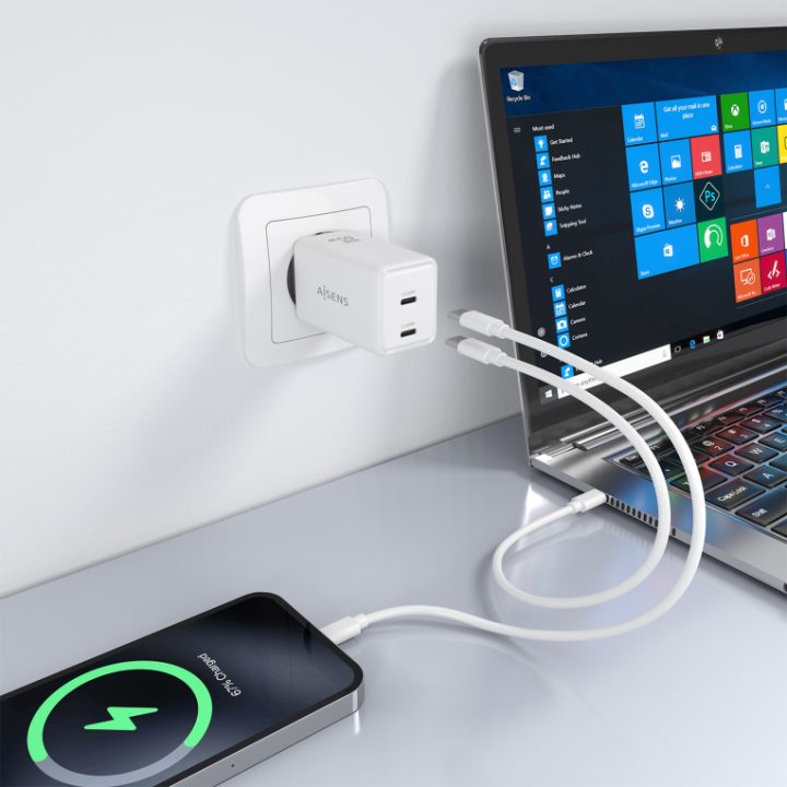 AISENS Cargador GaN 65W, 2xUSB-C PD3.0 QC4.0, Blanco
