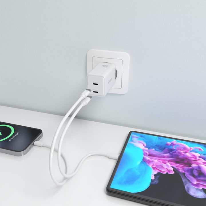 AISENS GaN 65W Charger, 2xUSB-C PD3.0 QC4.0, White