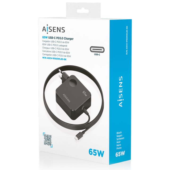AISENS 65W PD3.0 1xUSB-C 1.5m Charger, Black