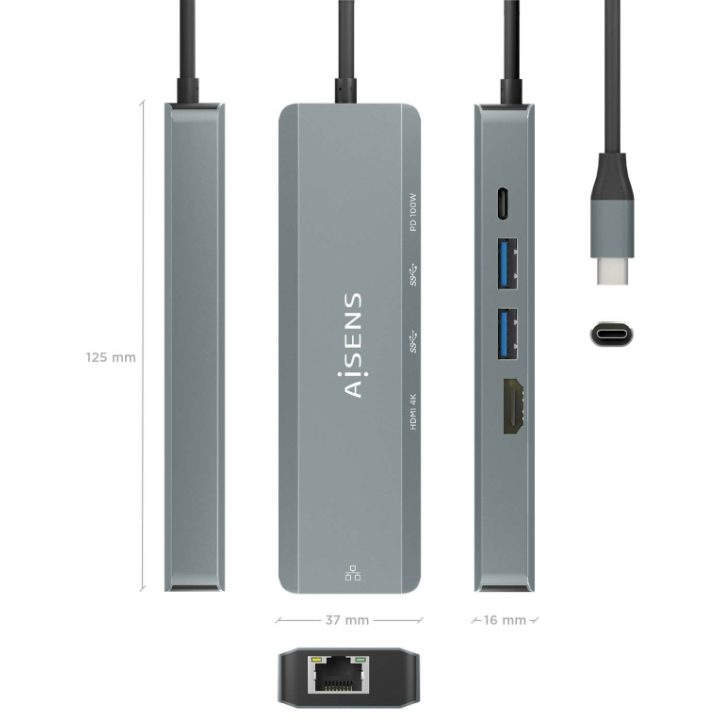 AISENS 5-in-1 USB-C Dock, USB-C to 1xHDMI, 1xRJ45, 2xUSB, 1xPD, Gray…