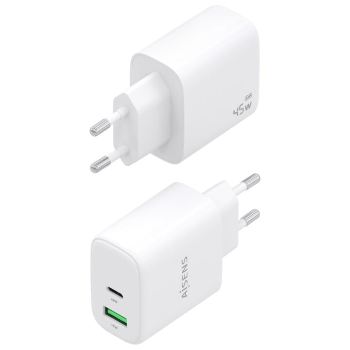 AISENS Cargador GaN 45W, 1xUSB-C PD3.0 QC4.0, 1xUSB-A QC3.0, Blanco