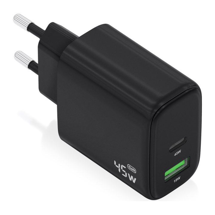 AISENS GaN Charger 45W, 1xUSB-C PD3.0 QC4.0, 1xUSB-A QC3.0, White