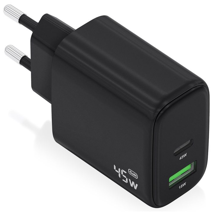 AISENS GaN Charger 45W, 1xUSB-C PD3.0 QC4.0, 1xUSB-A QC3.0, White