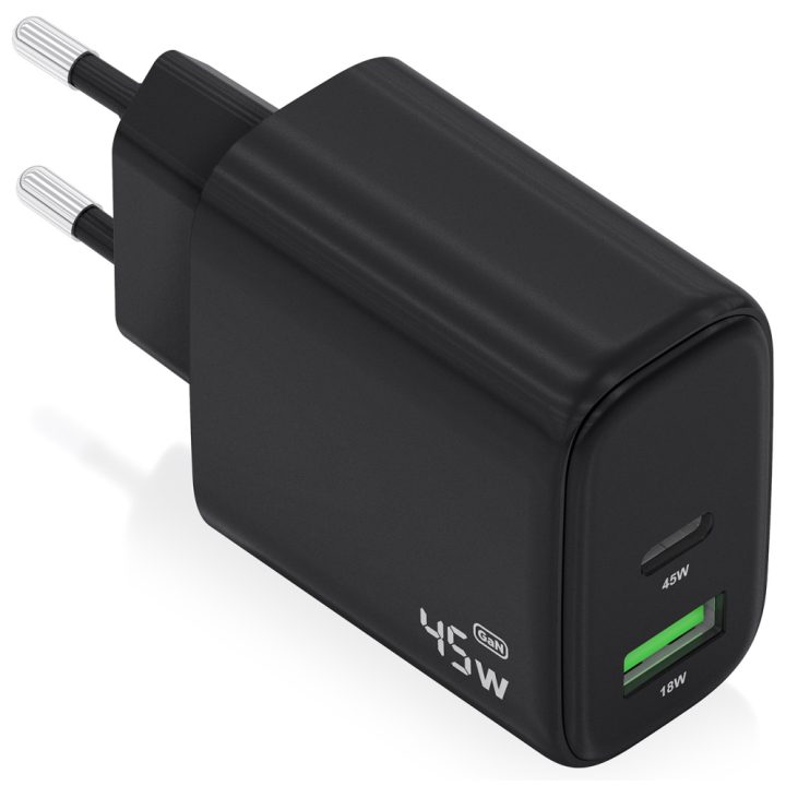 AISENS GaN Charger 45W, 1xUSB-C PD3.0 QC4.0, 1xUSB-A QC3.0, White