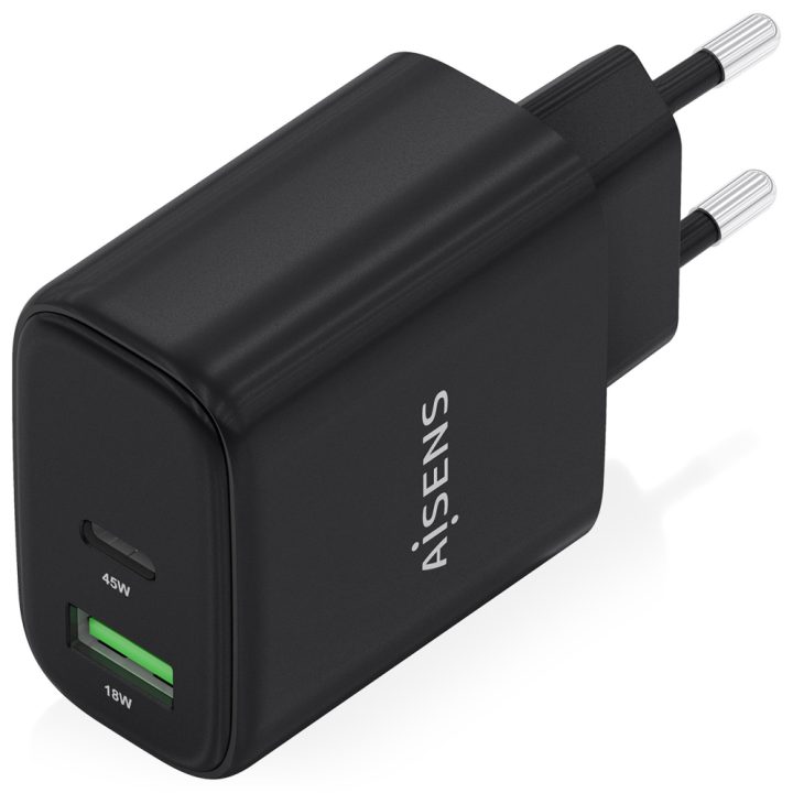 AISENS GaN Charger 45W, 1xUSB-C PD3.0 QC4.0, 1xUSB-A QC3.0, White