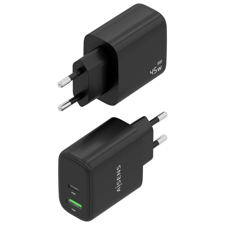 AISENS GaN Charger 45W, 1xUSB-C PD3.0 QC4.0, 1xUSB-A QC3.0, White