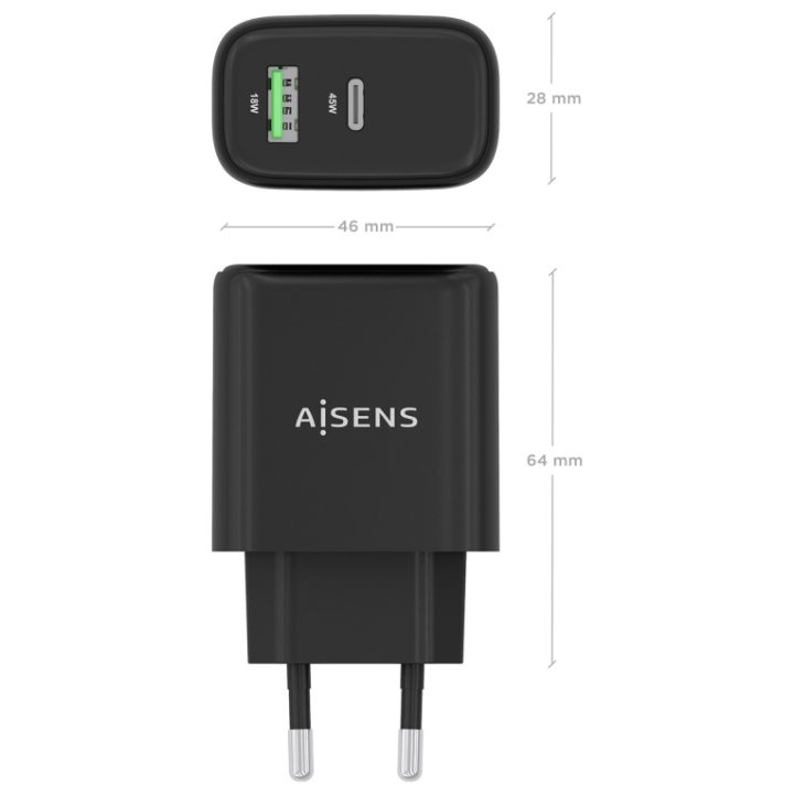 AISENS GaN Charger 45W, 1xUSB-C PD3.0 QC4.0, 1xUSB-A QC3.0, White