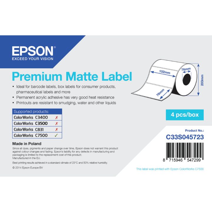 Epson Premium Matte Label - Die-cut Roll: 102mm x 76mm, 1570 etiquetas