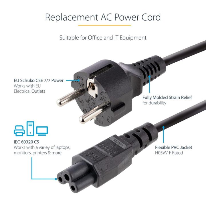 StarTech.com 1m Laptop Power Cable, EU Plug to C5, 2.5A 250V, 18AWG…