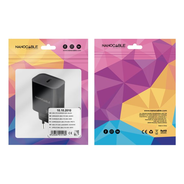Nanocable Carregador USB-C PD 30W, Preto