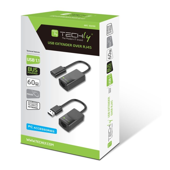Techly IUSB-EXTENDTY2 RJ-45 to USB 2.0 Type-A Gender Changer, Black