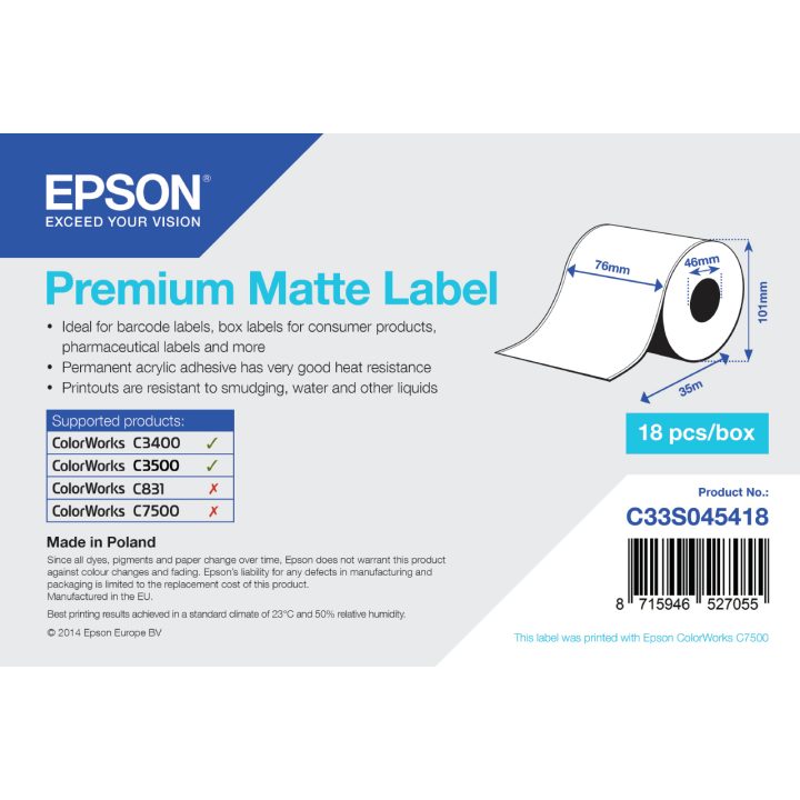 Epson Rolo contínuo de Premium Matte Label, 76 mm x 35 m