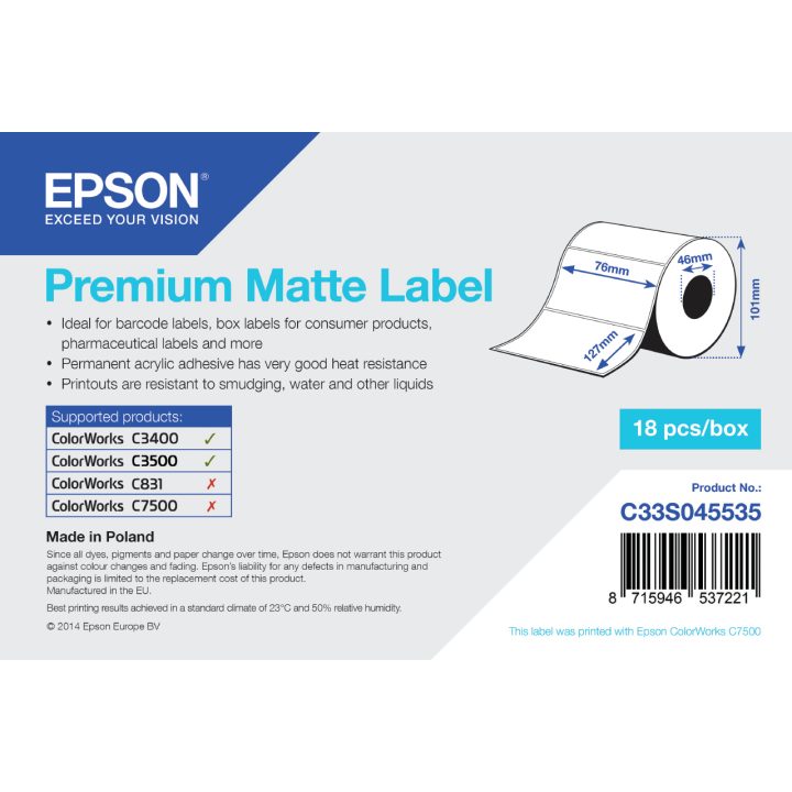 Epson Premium Matte Label - Die-cut Roll: 76 mm x 127 mm, 265…