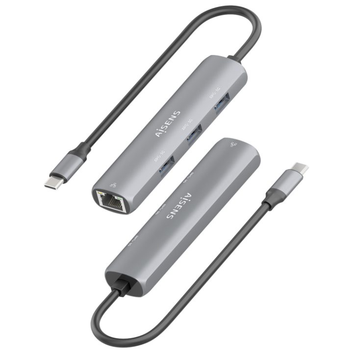 AISENS Dock USB-C A Ethernet Gigabit + Hub 3xUSB-A, Gris, 15cm