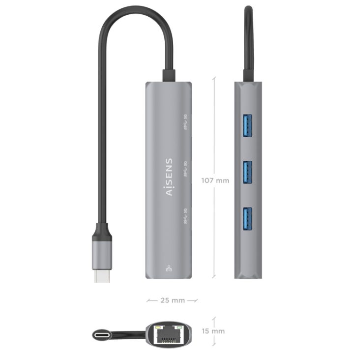 AISENS Dock USB-C para Ethernet Gigabit + Hub 3xUSB-A, Cinzento, 15cm