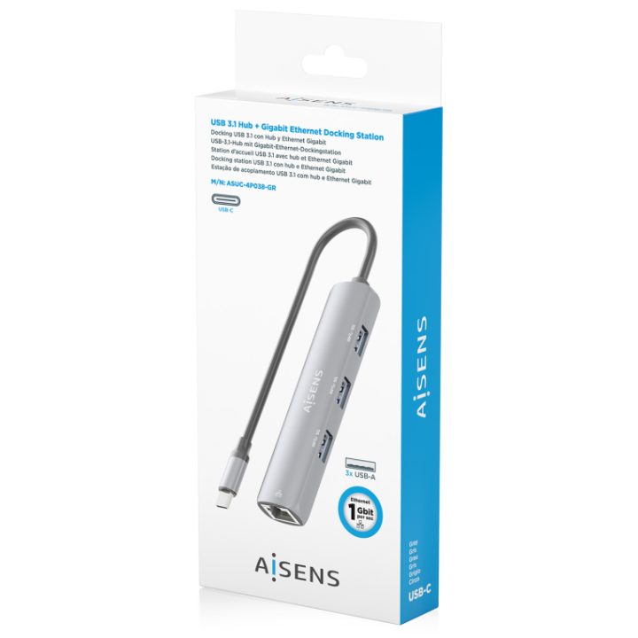 AISENS Dock USB-C A Ethernet Gigabit + Hub 3xUSB-A, Gris, 15cm