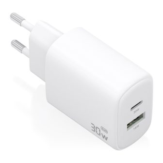 AISENS GaN 30W Charger, 1xUSB-C PD3.0 QC4.0, 1xUSB-A QC3.0, White