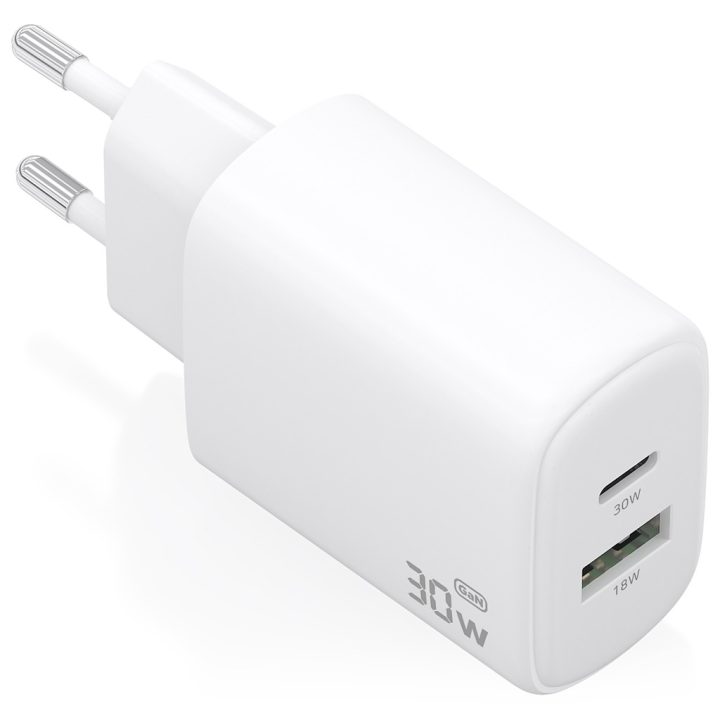 AISENS Carregador GaN 30W, 1xUSB-C PD3.0 QC4.0, 1xUSB-A QC3.0, Branco