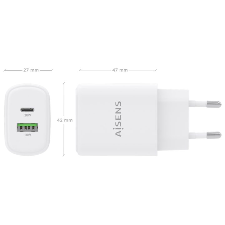 AISENS Cargador GaN 30W, 1xUSB-C PD3.0 QC4.0, 1xUSB-A QC3.0, Blanco