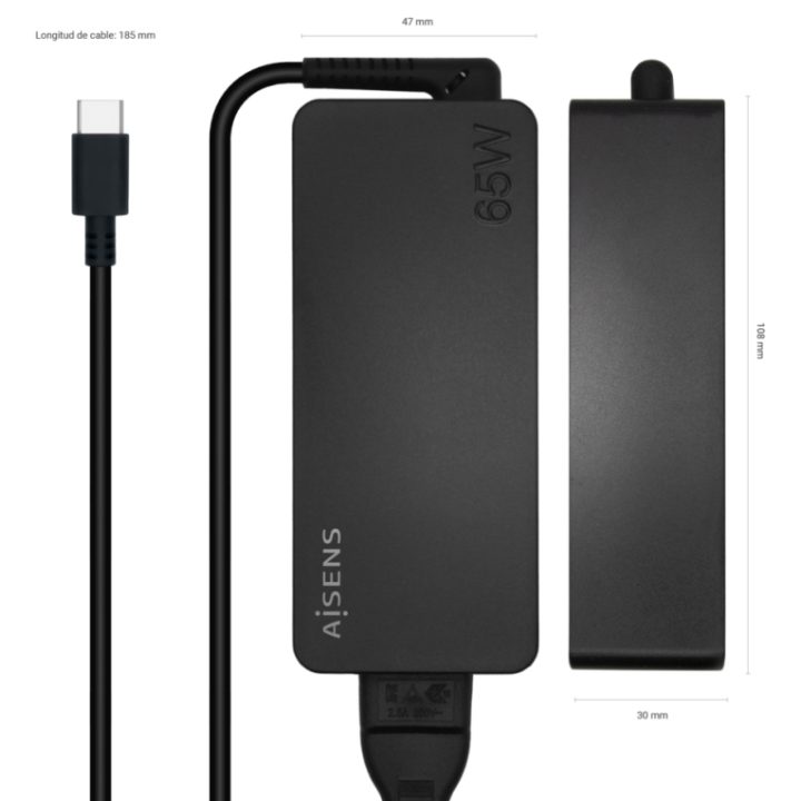 AISENS 65W PD3.0 1XUSB-C 1.8M Charger, Black