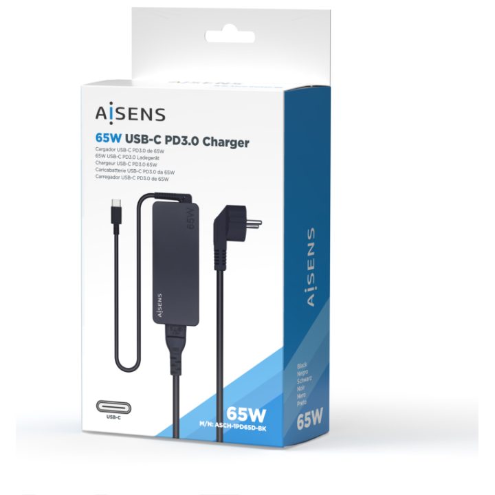 AISENS Carregador 65W PD3.0 1XUSB-C 1,8M, Preto