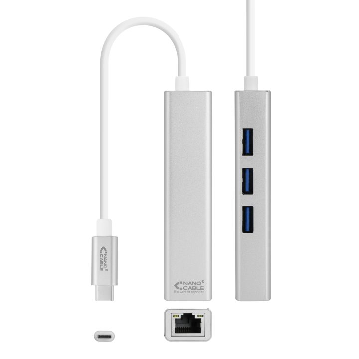 Nanocable USB-C to Gigabit Ethernet + 3xUSB 3.0 Converter, Silver, 15…