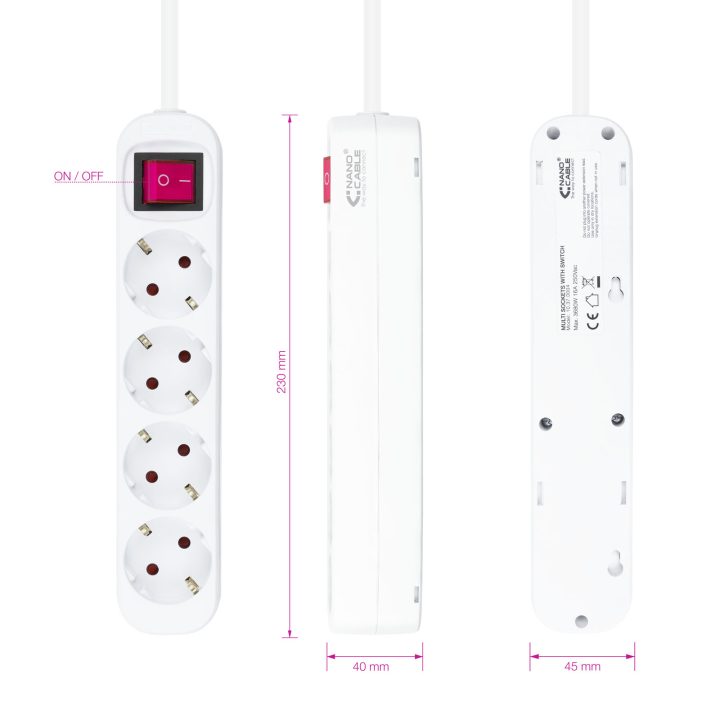 Nanocable 4-Outlet Power Strip with Switch, 1.4 meters White
