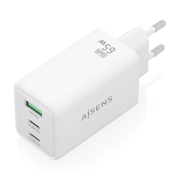 Carregador GaN AISENS 65W, 2xUSB-C PD3.0 QC4.0, 1xUSB-A QC3.0, Branco