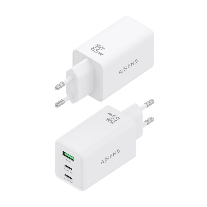 Carregador GaN AISENS 65W, 2xUSB-C PD3.0 QC4.0, 1xUSB-A QC3.0, Branco
