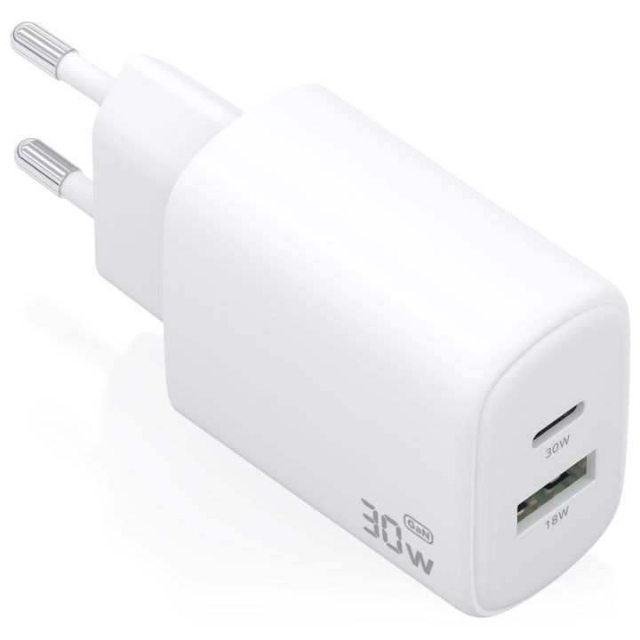 AISENS GaN Charger 30W, 1xUSB-C PD3.0 QC4.0, 1xUSB-A QC3.0, White