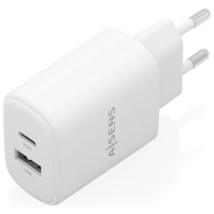 AISENS Cargador GaN 30W, 1xUSB-C PD3.0 QC4.0, 1xUSB-A QC3.0, Blanco
