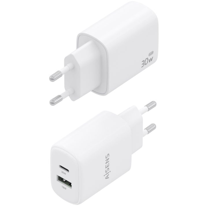 AISENS Carregador GaN 30W, 1xUSB-C PD3.0 QC4.0, 1xUSB-A QC3.0, Branco