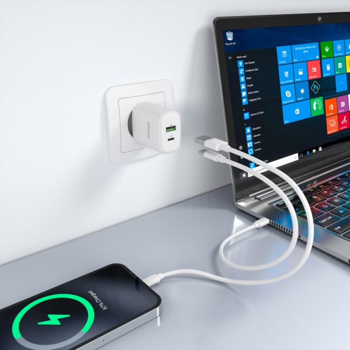 AISENS Cargador GaN 30W, 1xUSB-C PD3.0 QC4.0, 1xUSB-A QC3.0, Blanco