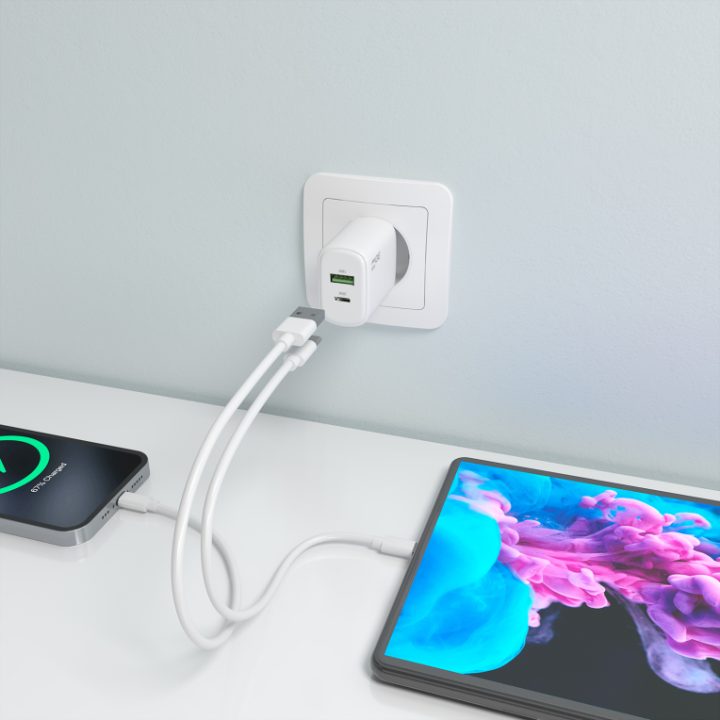 AISENS Cargador GaN 30W, 1xUSB-C PD3.0 QC4.0, 1xUSB-A QC3.0, Blanco