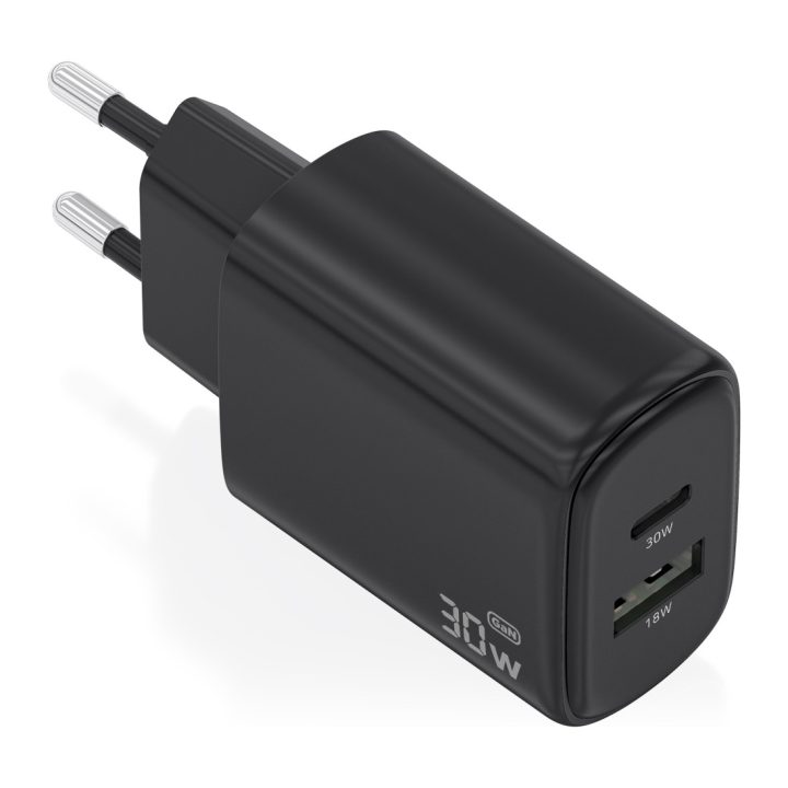 AISENS GaN Charger 30W, 1xUSB-C PD3.0 QC4.0, 1xUSB-A QC3.0, White